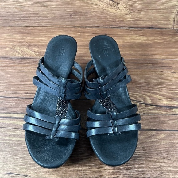 UGG Mattie Black Leather Slip-On Wedge Sandals Women’s Size 8 Shoes - Picture 2 of 10